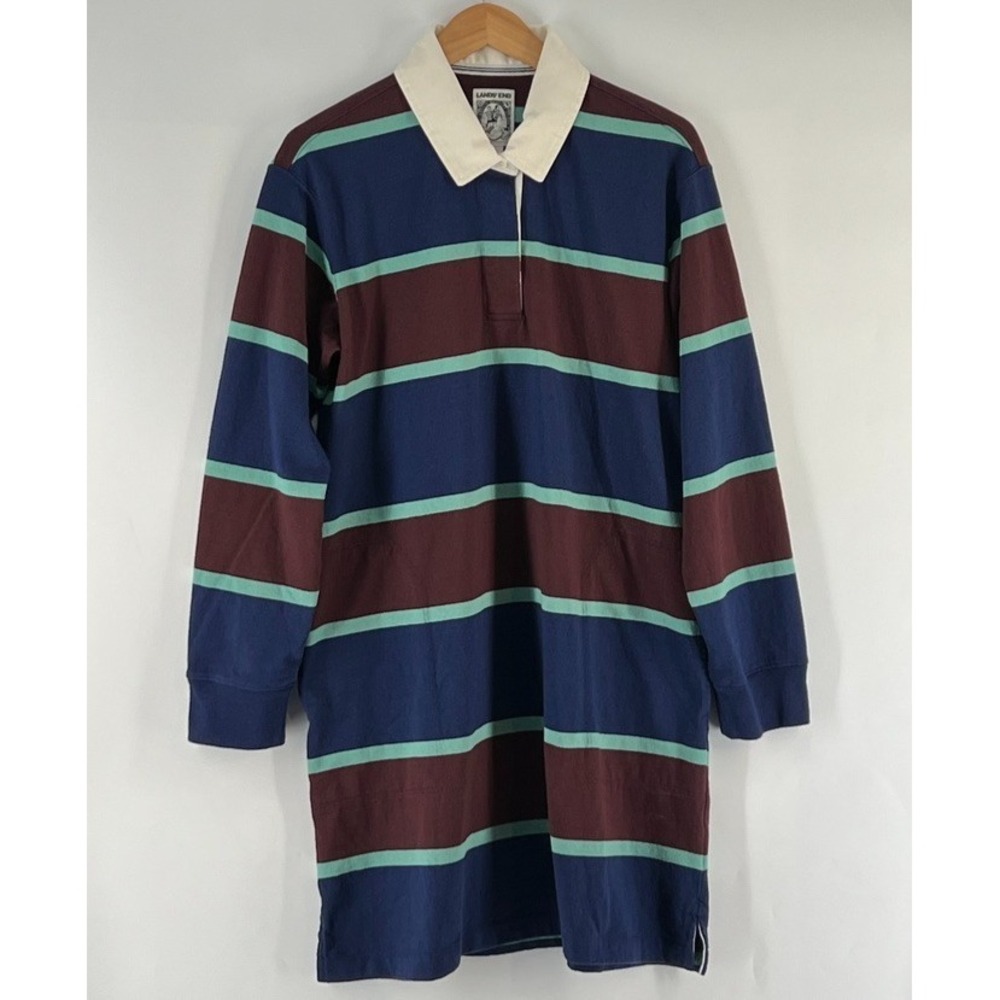 Lands End Rugby Dress M 10-12 Striped Long Sleeve Polo Collar Cotton Preppy Ivy